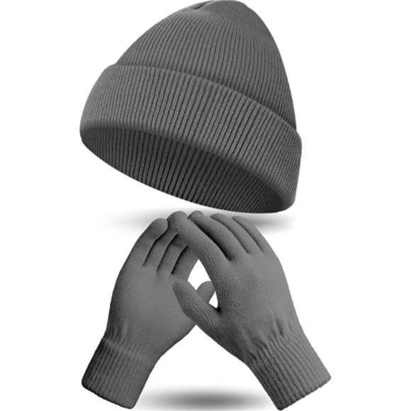 2 Pcs Shiny Match Winter Beanie Hat Gloves Set, Soft Knitted Hat Stretchy Gloves - Picture 3 of 8